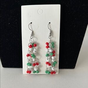 Elegant Red, Green, and White Beaded Earrings